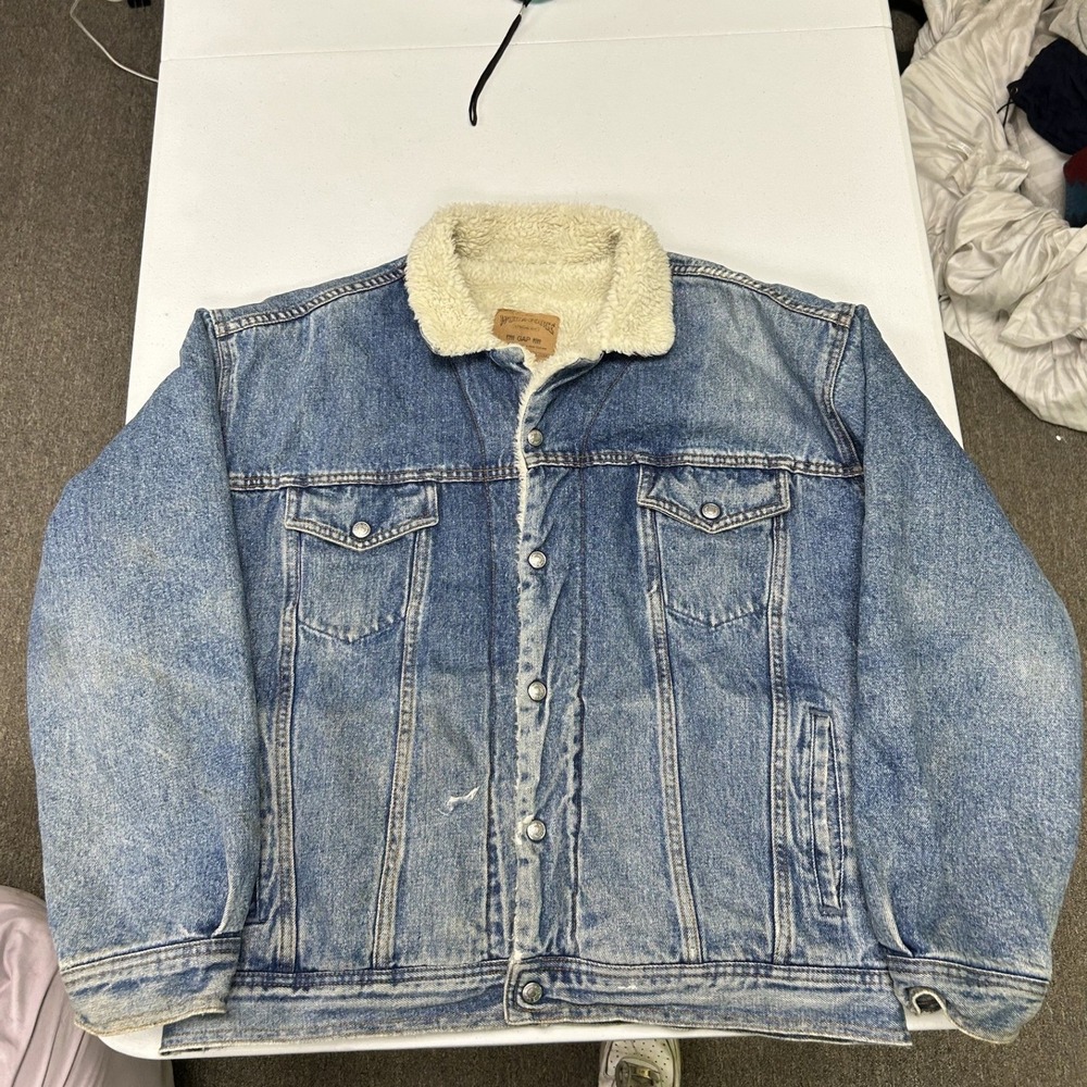 90s Gap Sherpa Denim Trucker Jacket Mens L Blue Vintage 70608-0216 Distressed
